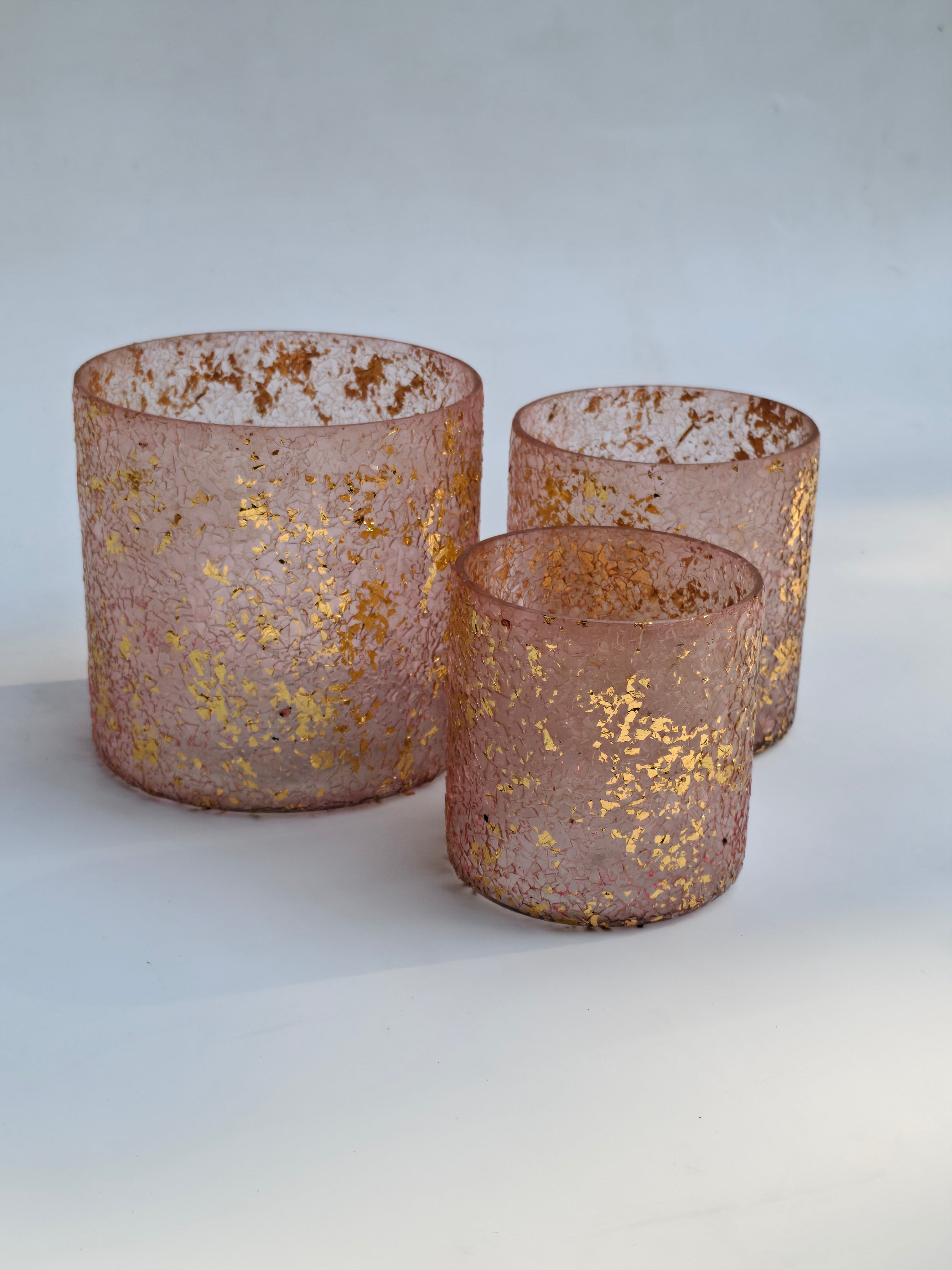 Blush Gold Leaf Glass Candle Holders – Set of 3