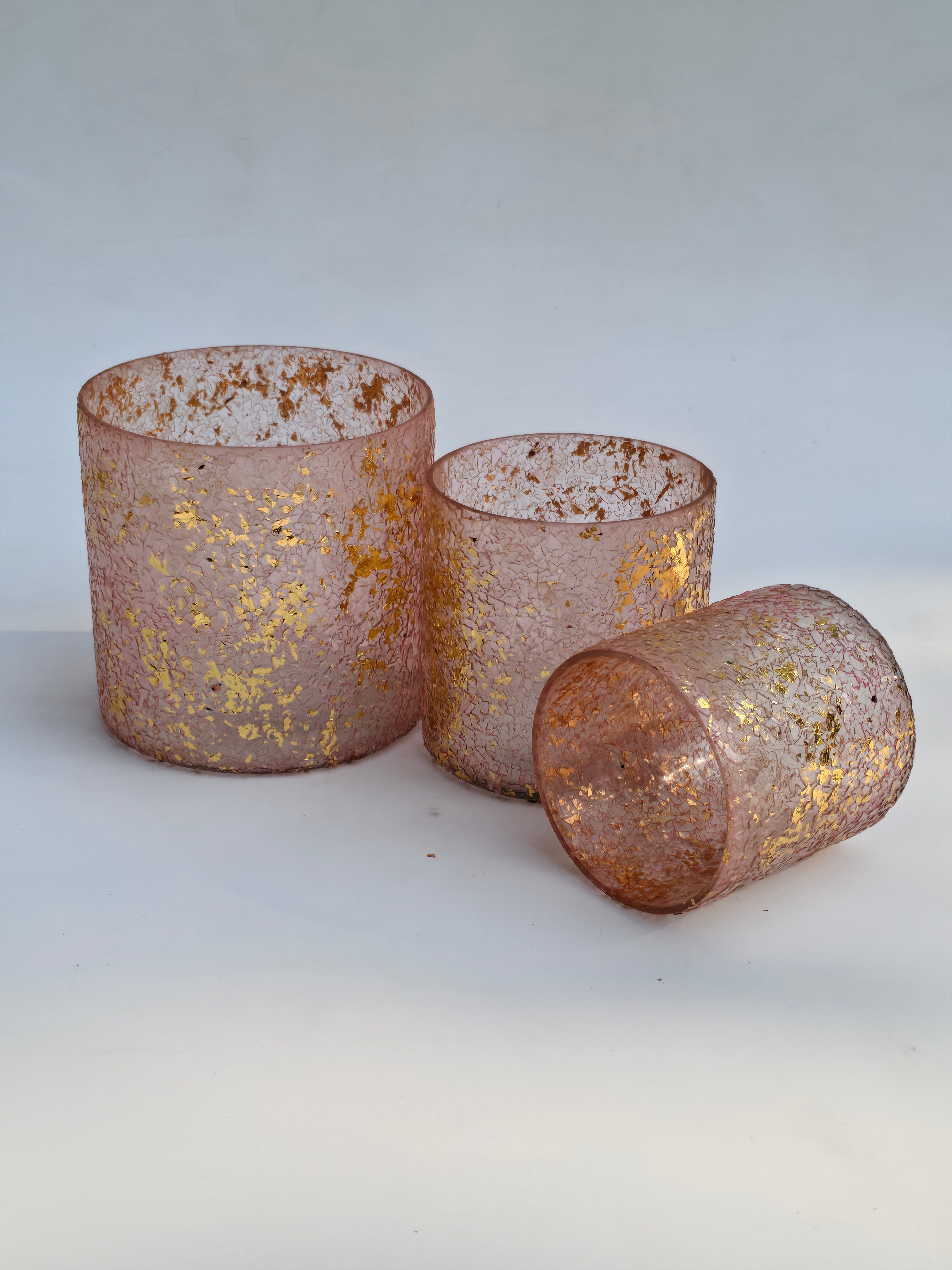 Blush Gold Leaf Glass Candle Holders – Set of 3