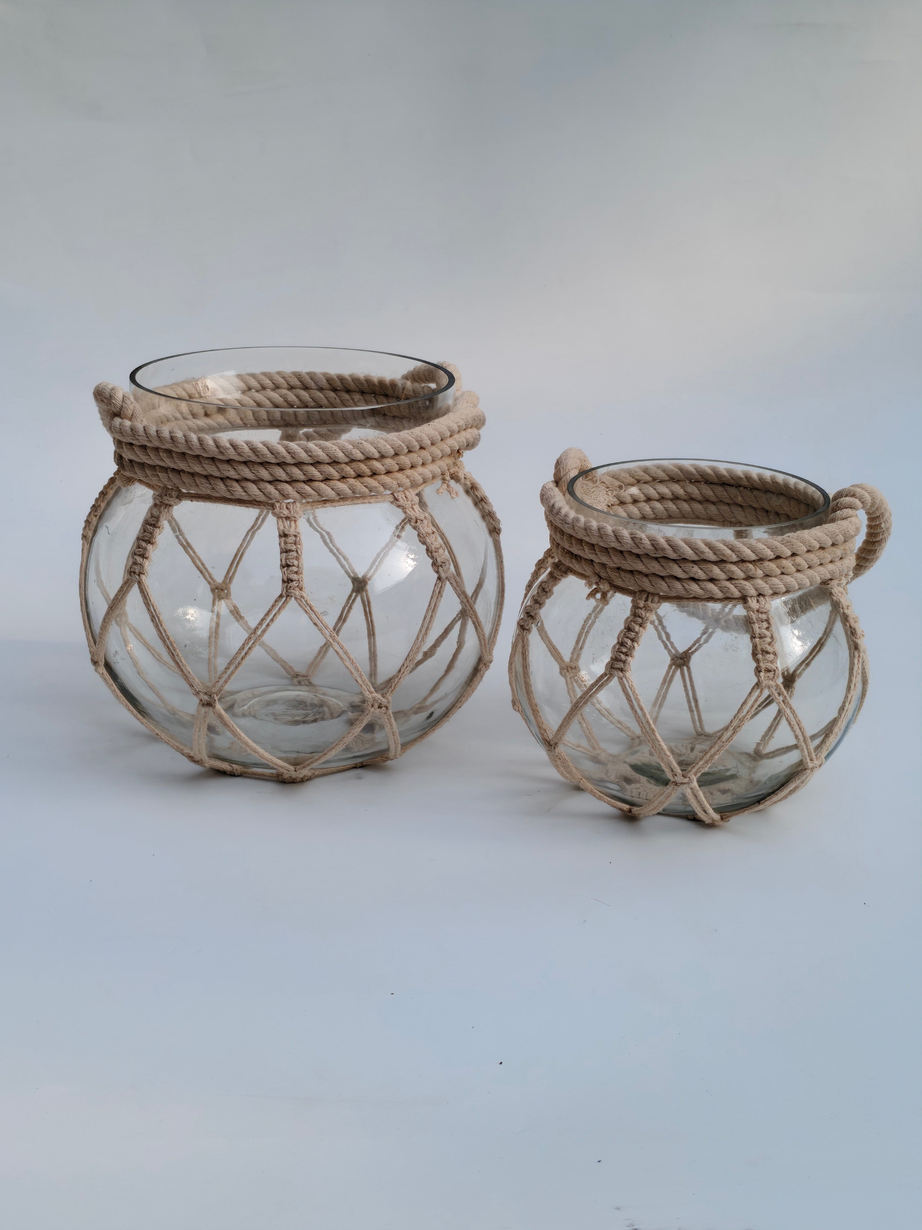 Coastal Rope & Glass Lantern Set (Set of 2) – Handwoven Decorative Candle Holders