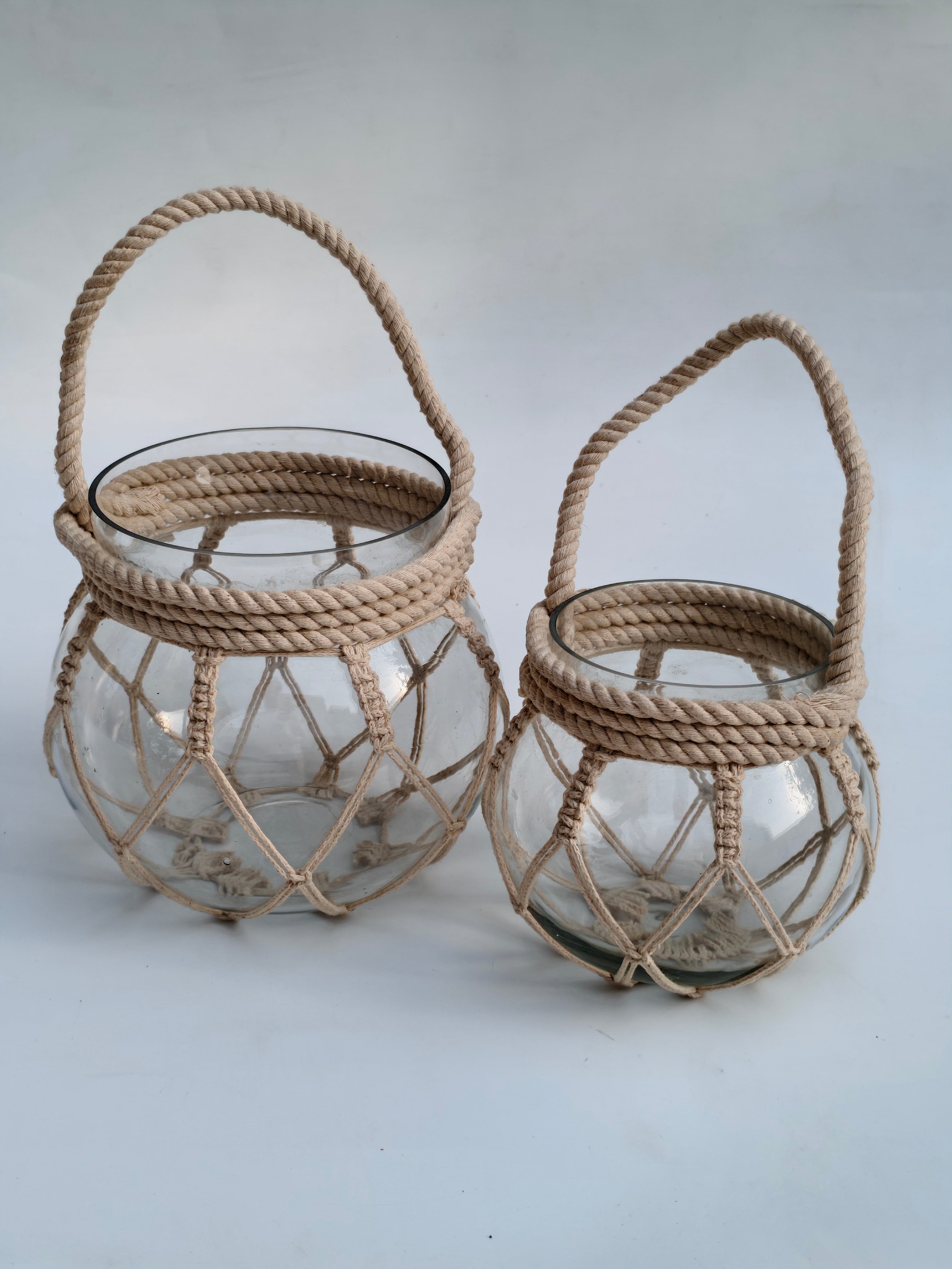 Coastal Rope & Glass Lantern Set (Set of 2) – Handwoven Decorative Candle Holders
