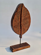 Handcrafted Wooden Leaf Sculpture on Stand