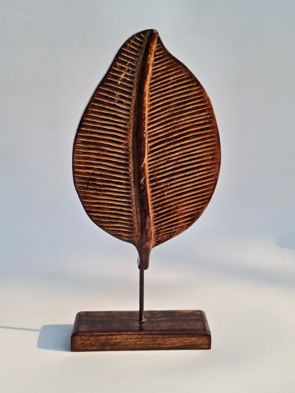 Handcrafted Wooden Leaf Sculpture on Stand