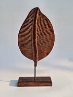 Handcrafted Wooden Leaf Sculpture on Stand