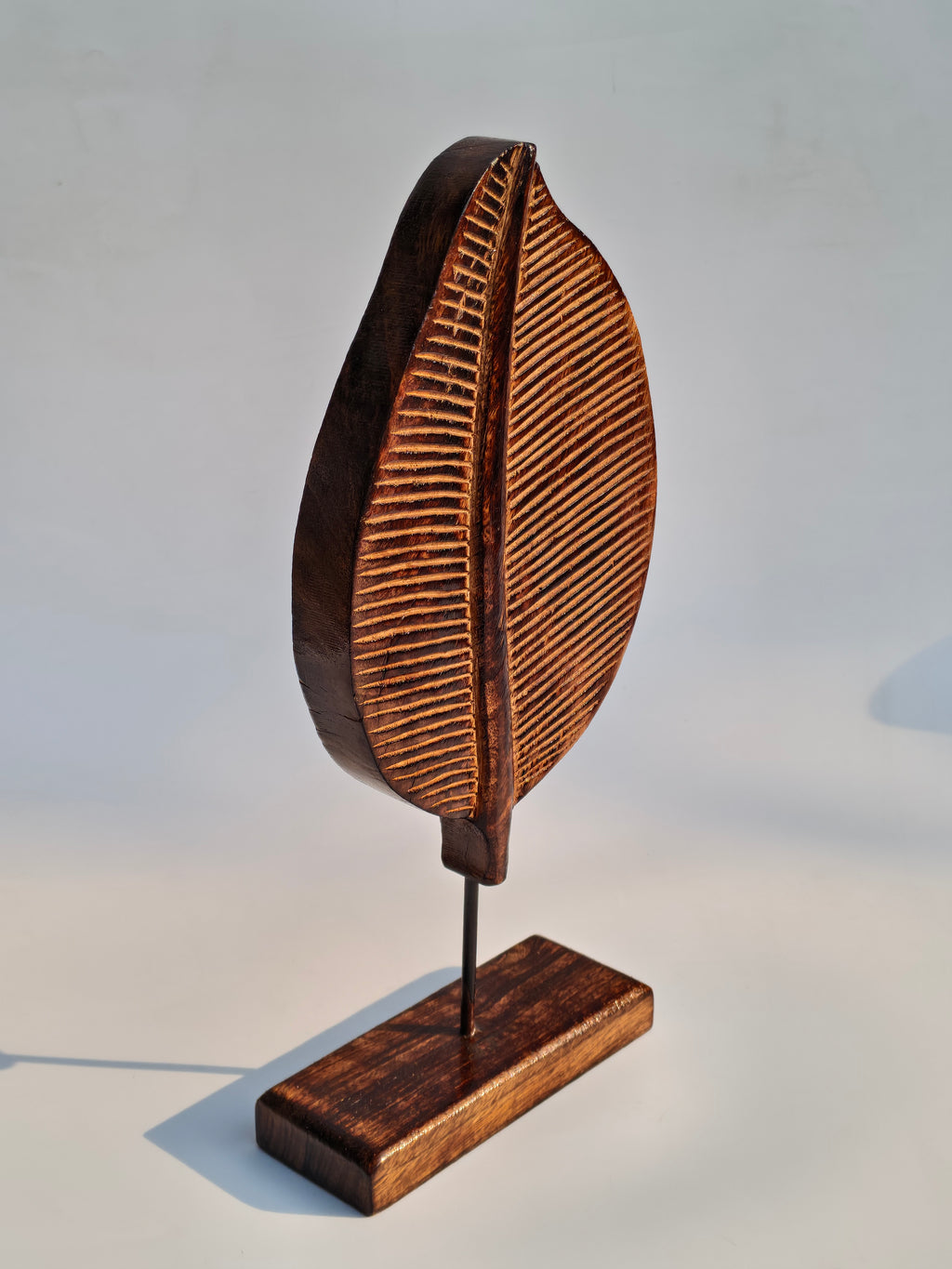 Handcrafted Wooden Leaf Sculpture on Stand