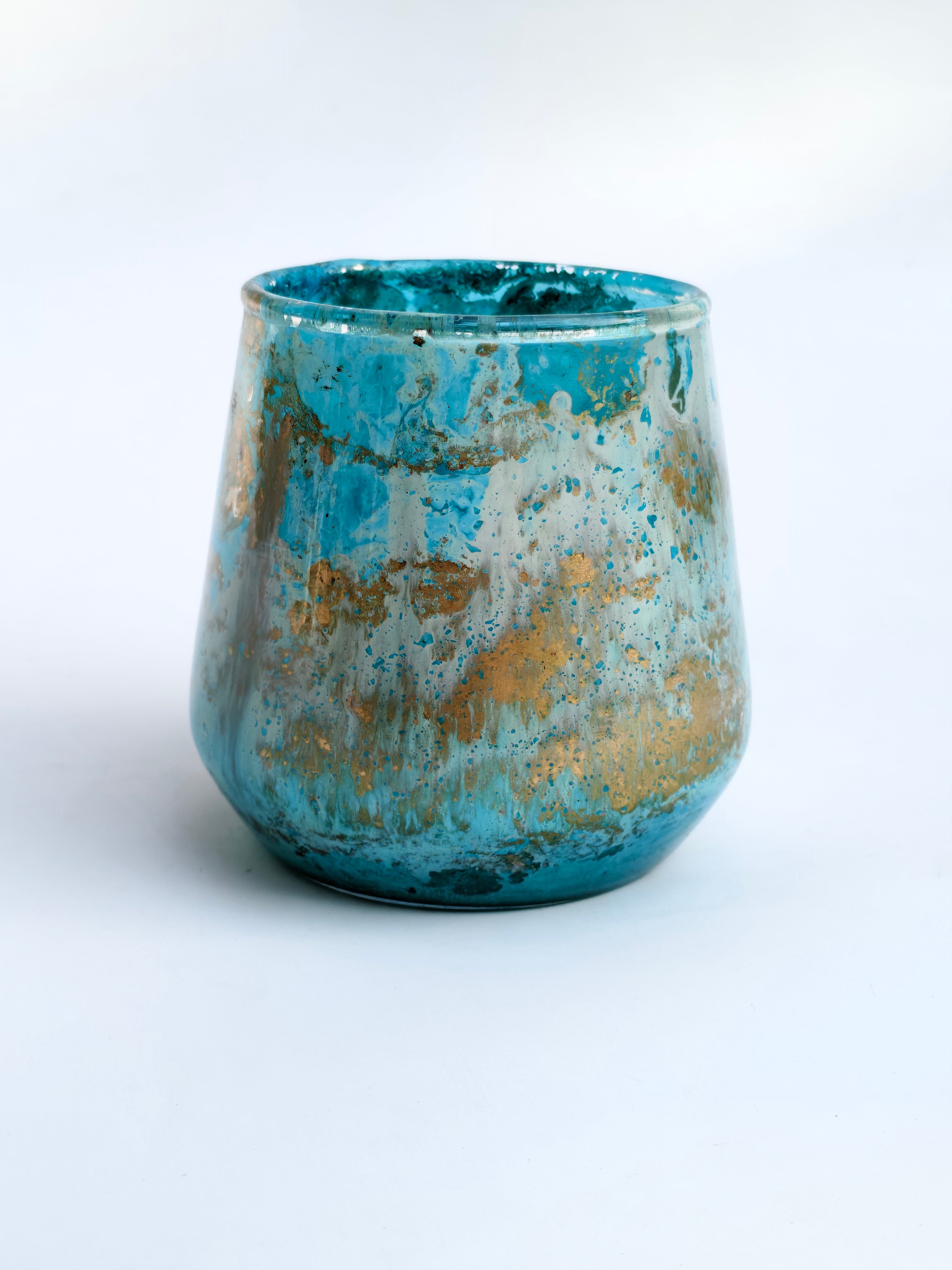 Turquoise Glass Candle Holder & Mini Planter – Textured Decorative Accent