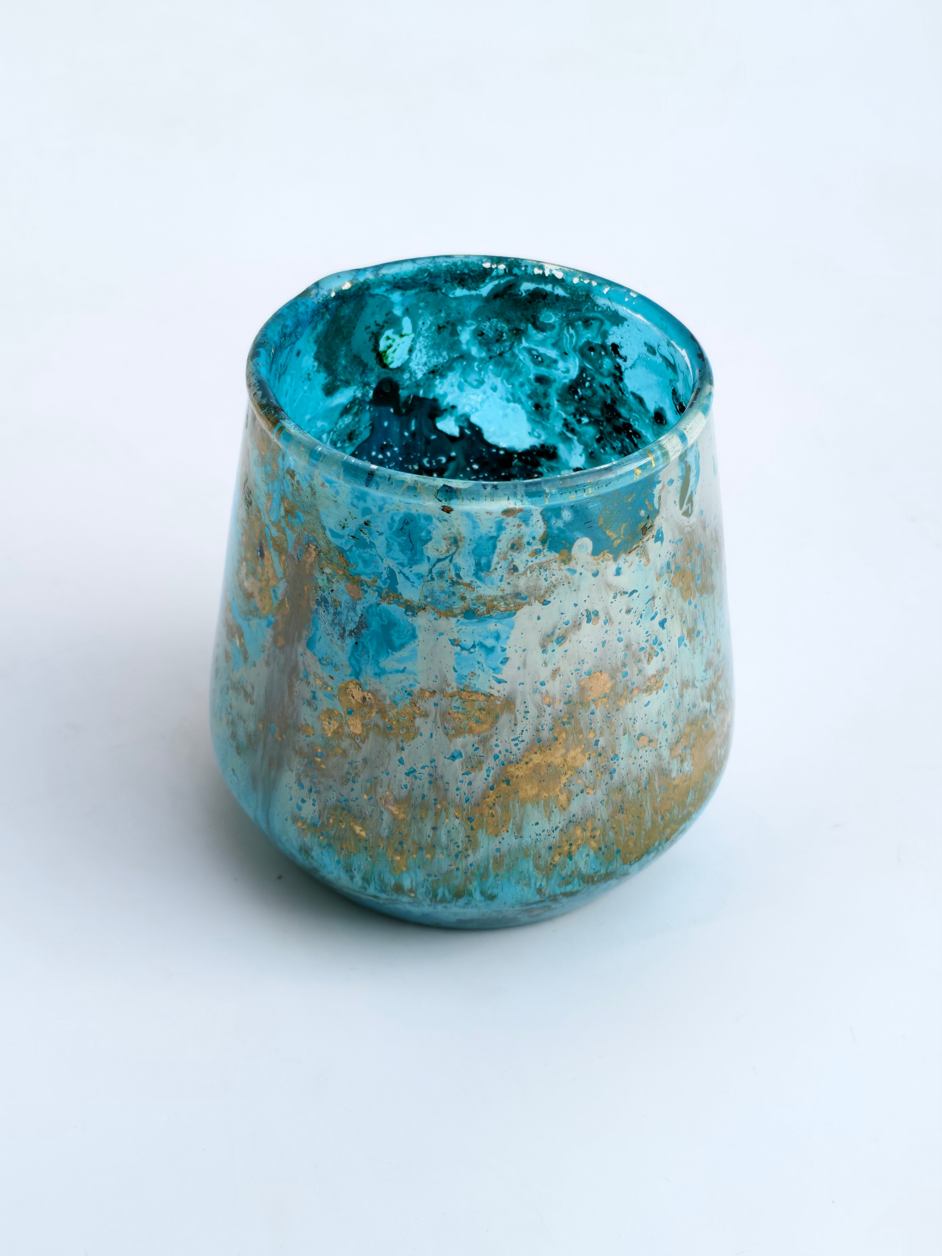 Turquoise Glass Candle Holder & Mini Planter – Textured Decorative Accent