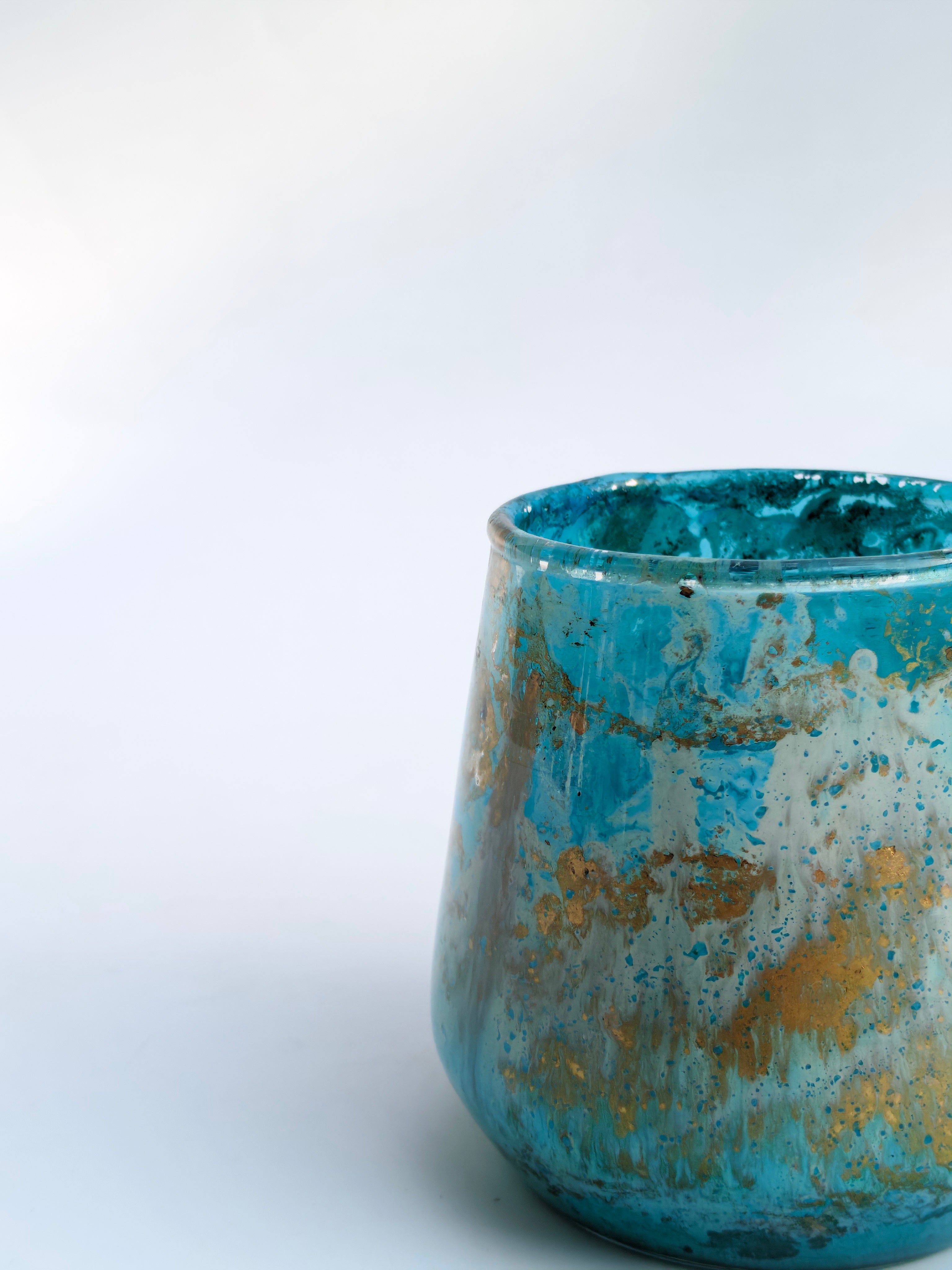 Turquoise Glass Candle Holder & Mini Planter – Textured Decorative Accent