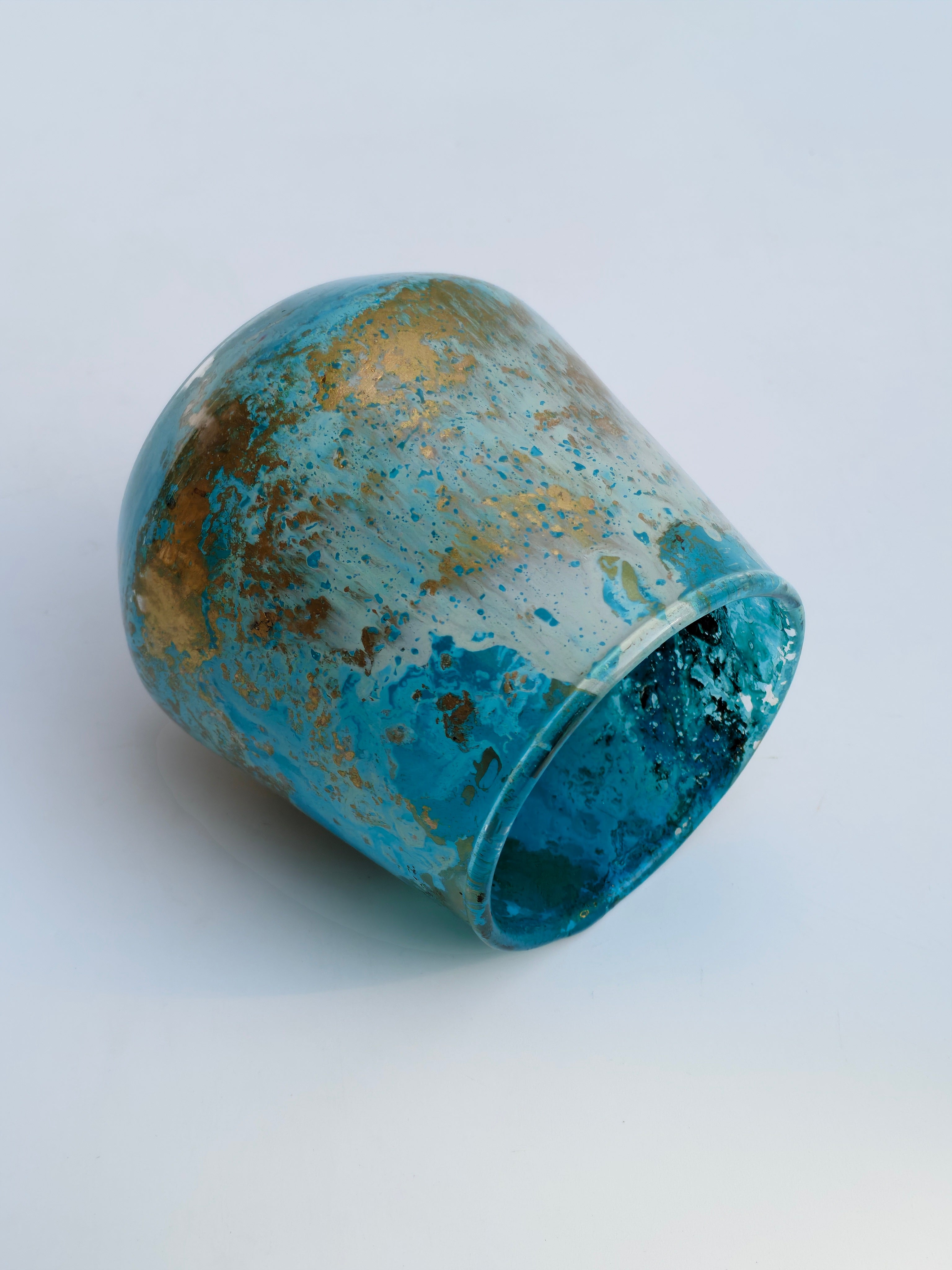 Turquoise Glass Candle Holder & Mini Planter – Textured Decorative Accent