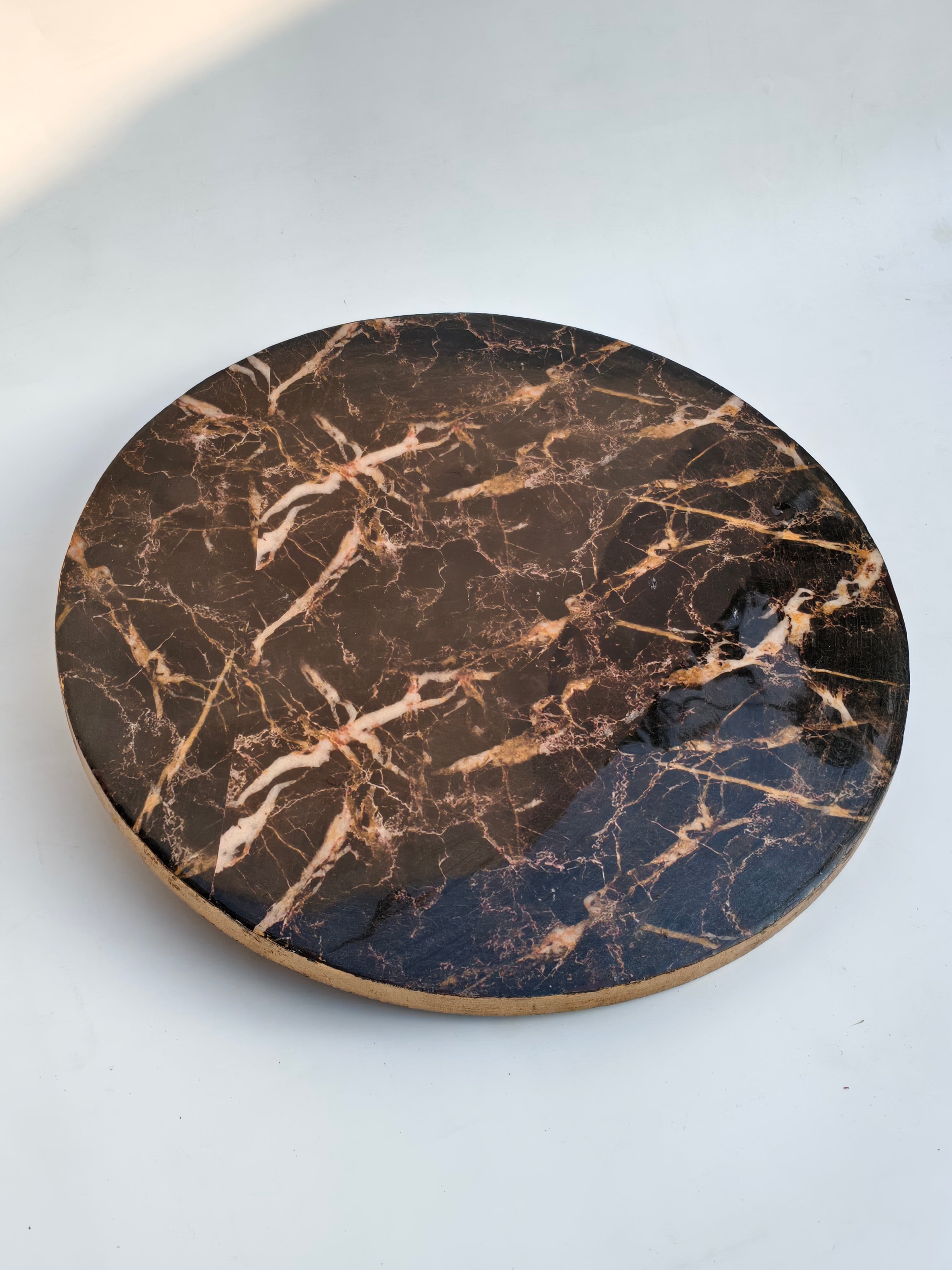 Marble Finish Wooden Round Serving Tray – Dark Stone Design (40 cm)
