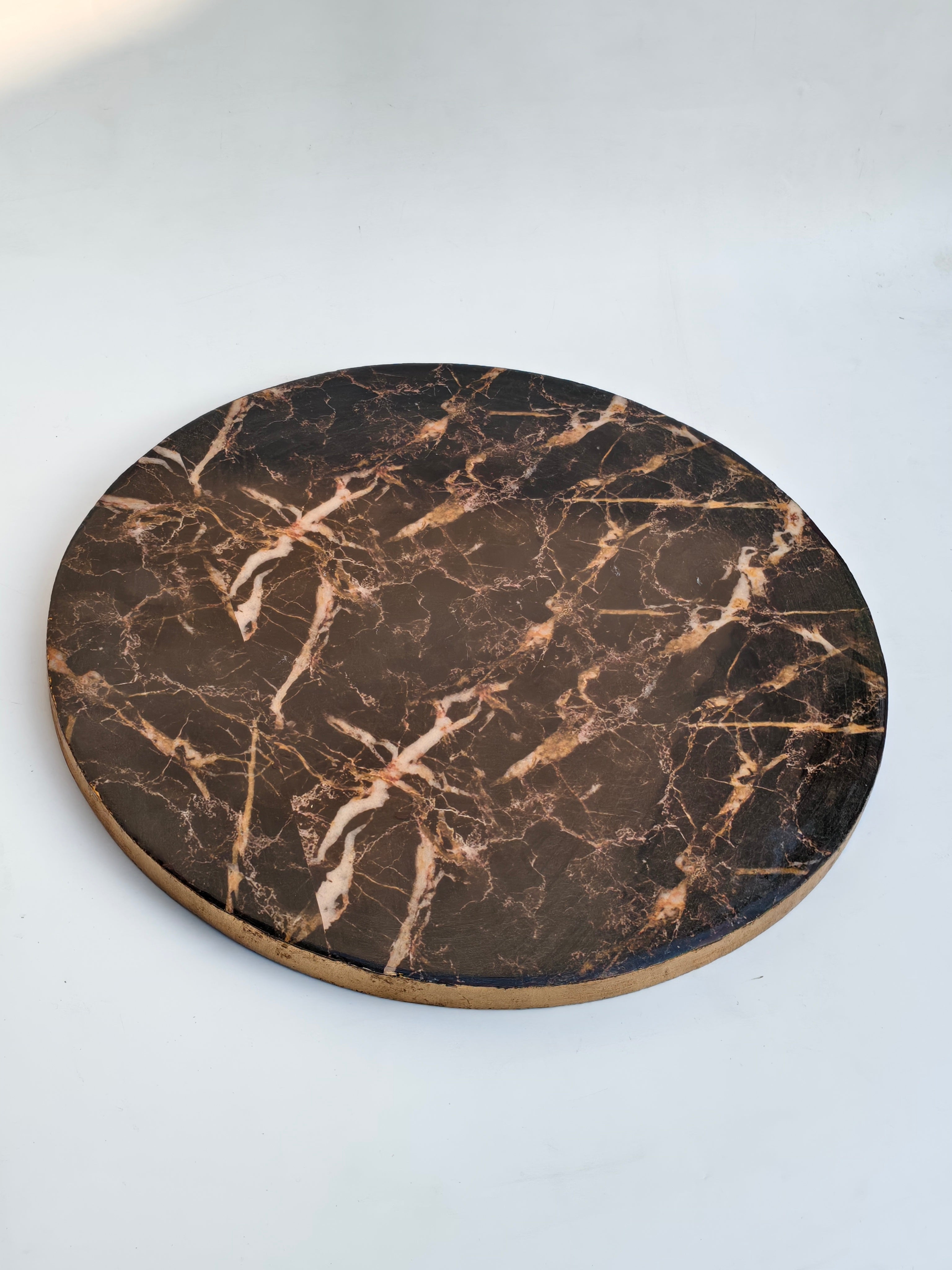 Marble Finish Wooden Round Serving Tray – Dark Stone Design (40 cm)