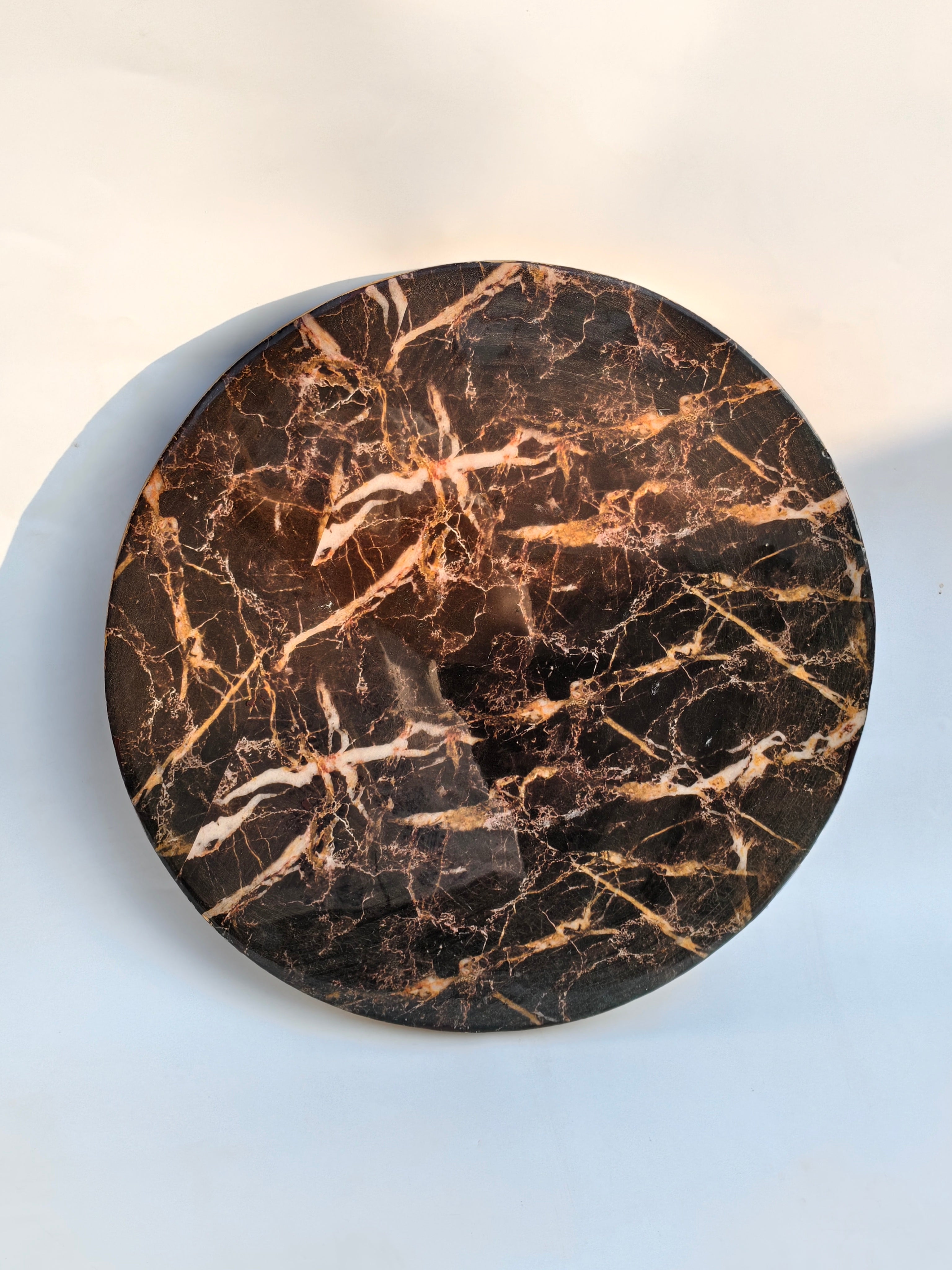 Marble Finish Wooden Round Serving Tray – Dark Stone Design (40 cm)