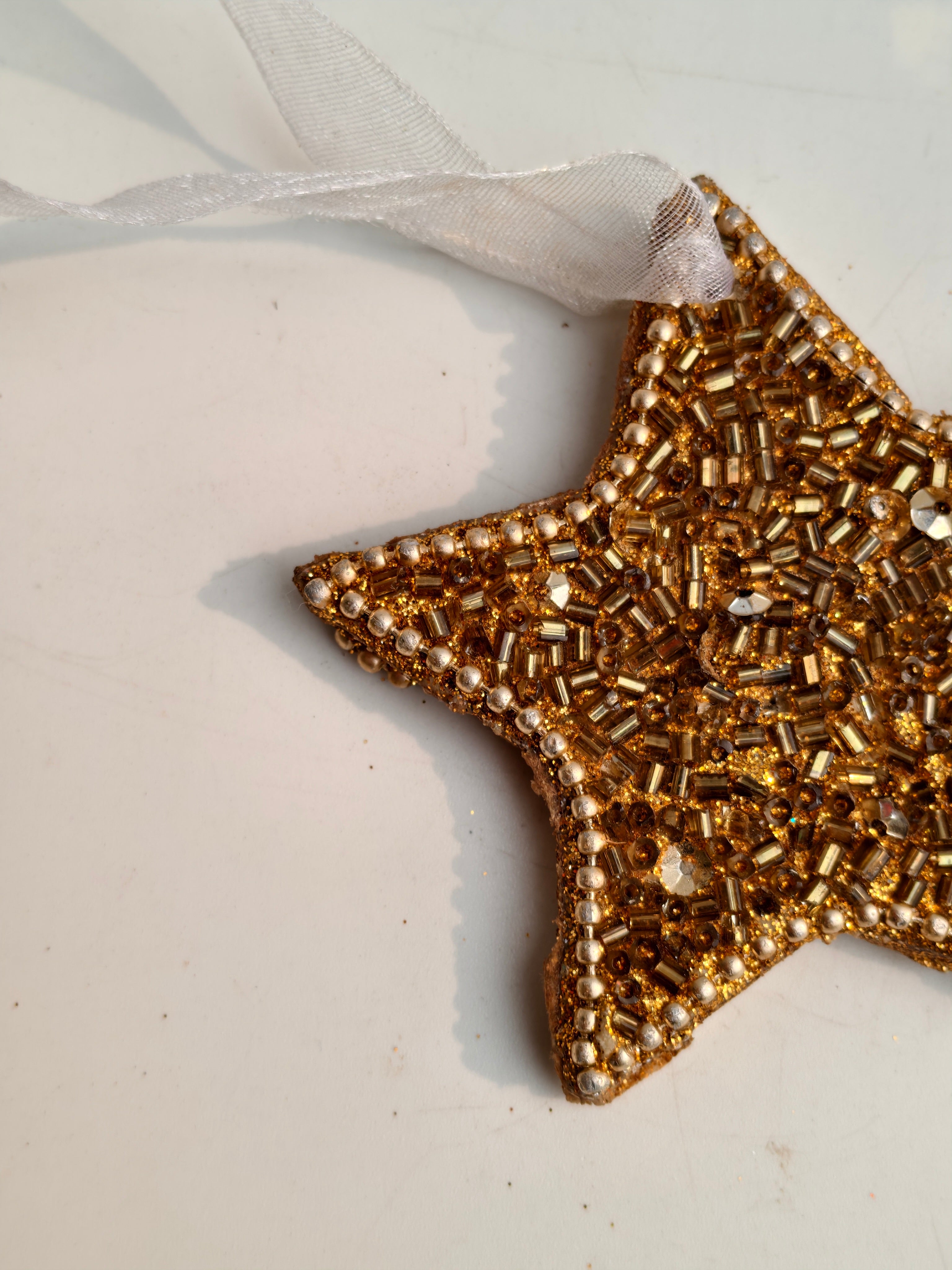 Golden Beaded Star Ornament – Handcrafted Luxe Hanging Décor