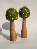 Handcrafted Wooden Mushroom Décor Object – Olive Green with Gold Speckles