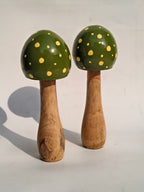 Handcrafted Wooden Mushroom Décor Object – Olive Green with Gold Speckles