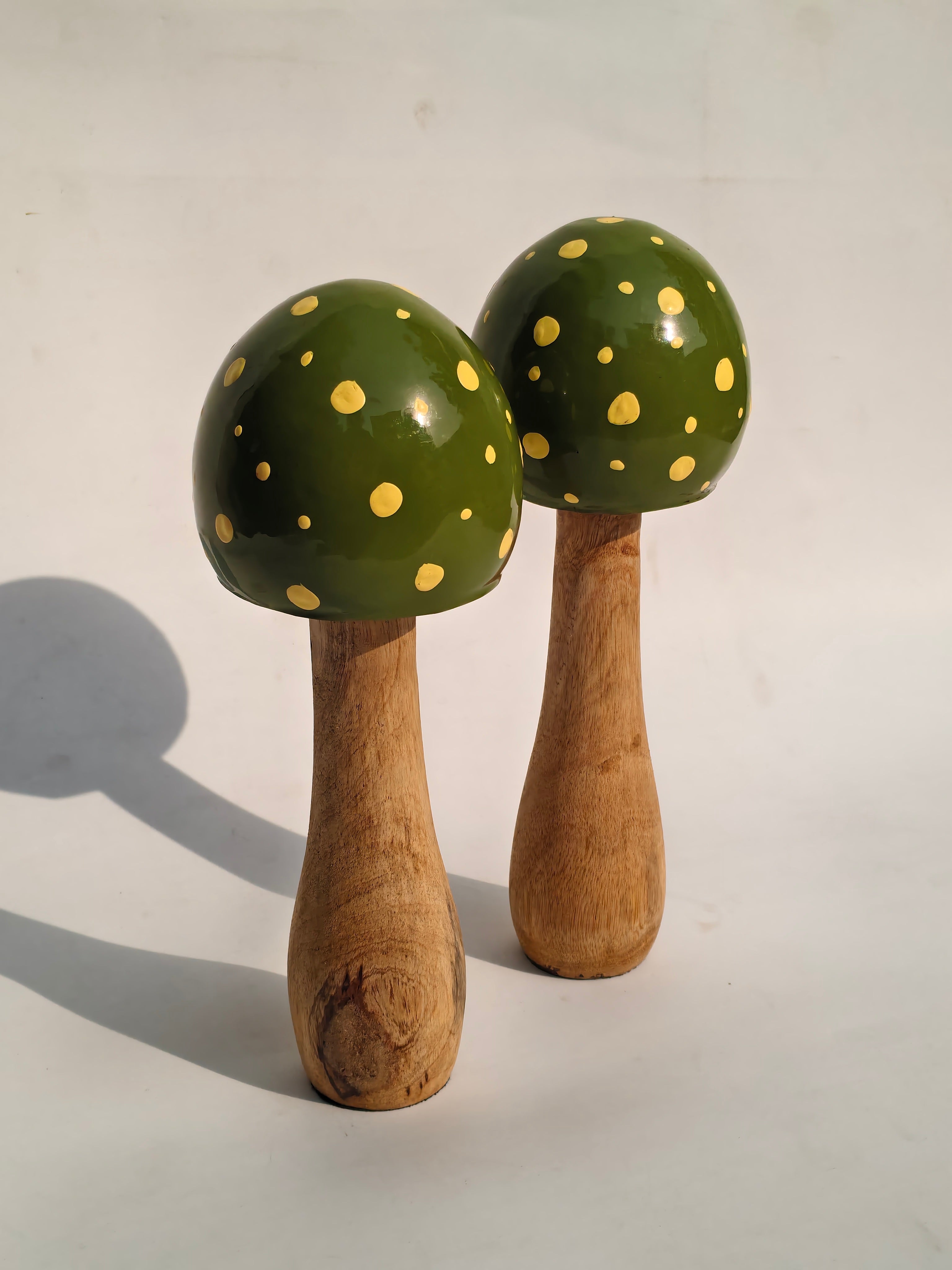Handcrafted Wooden Mushroom Décor Object – Olive Green with Gold Speckles
