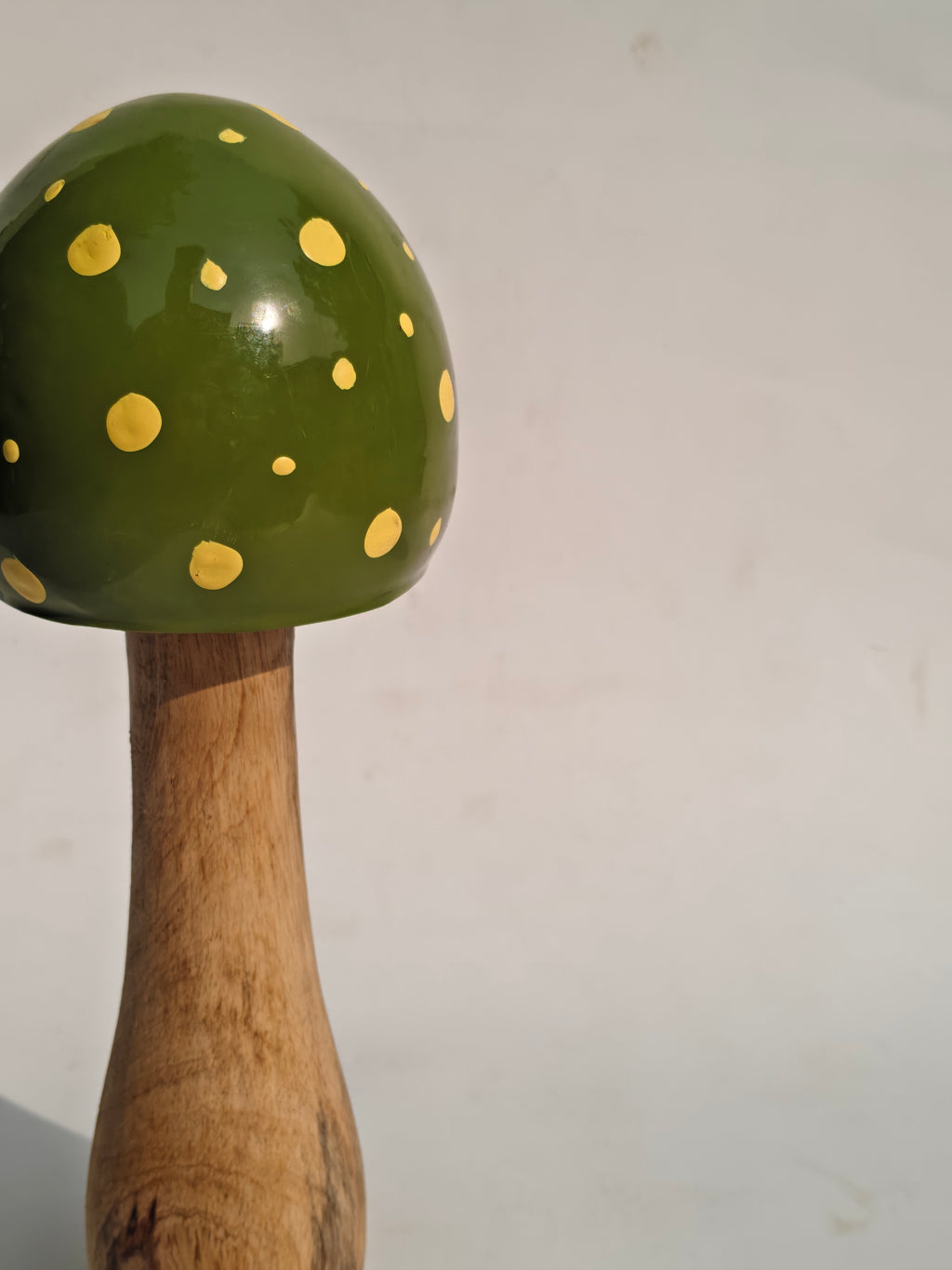 Handcrafted Wooden Mushroom Décor Object – Olive Green with Gold Speckles