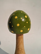 Handcrafted Wooden Mushroom Décor Object – Olive Green with Gold Speckles