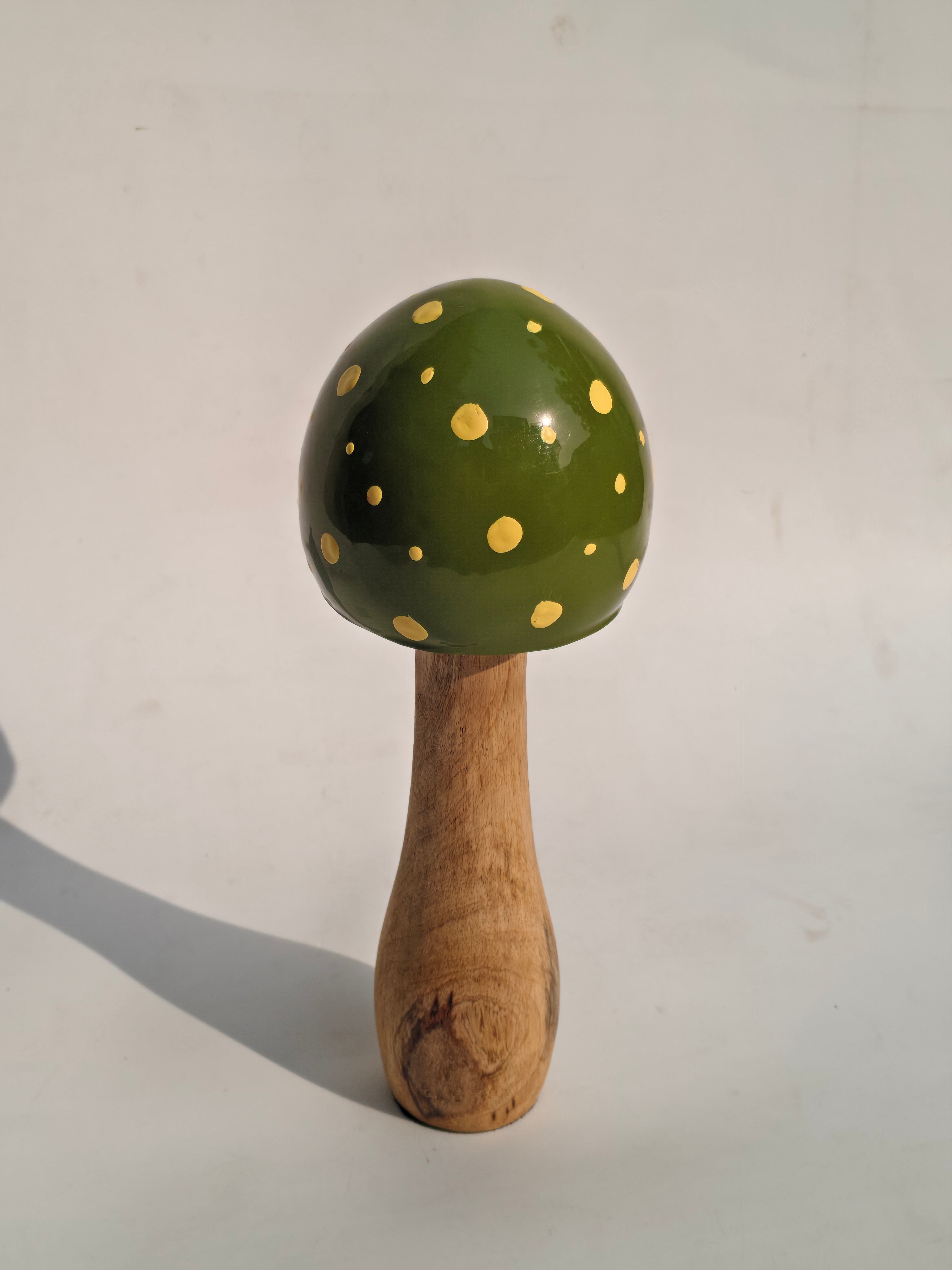 Handcrafted Wooden Mushroom Décor Object – Olive Green with Gold Speckles
