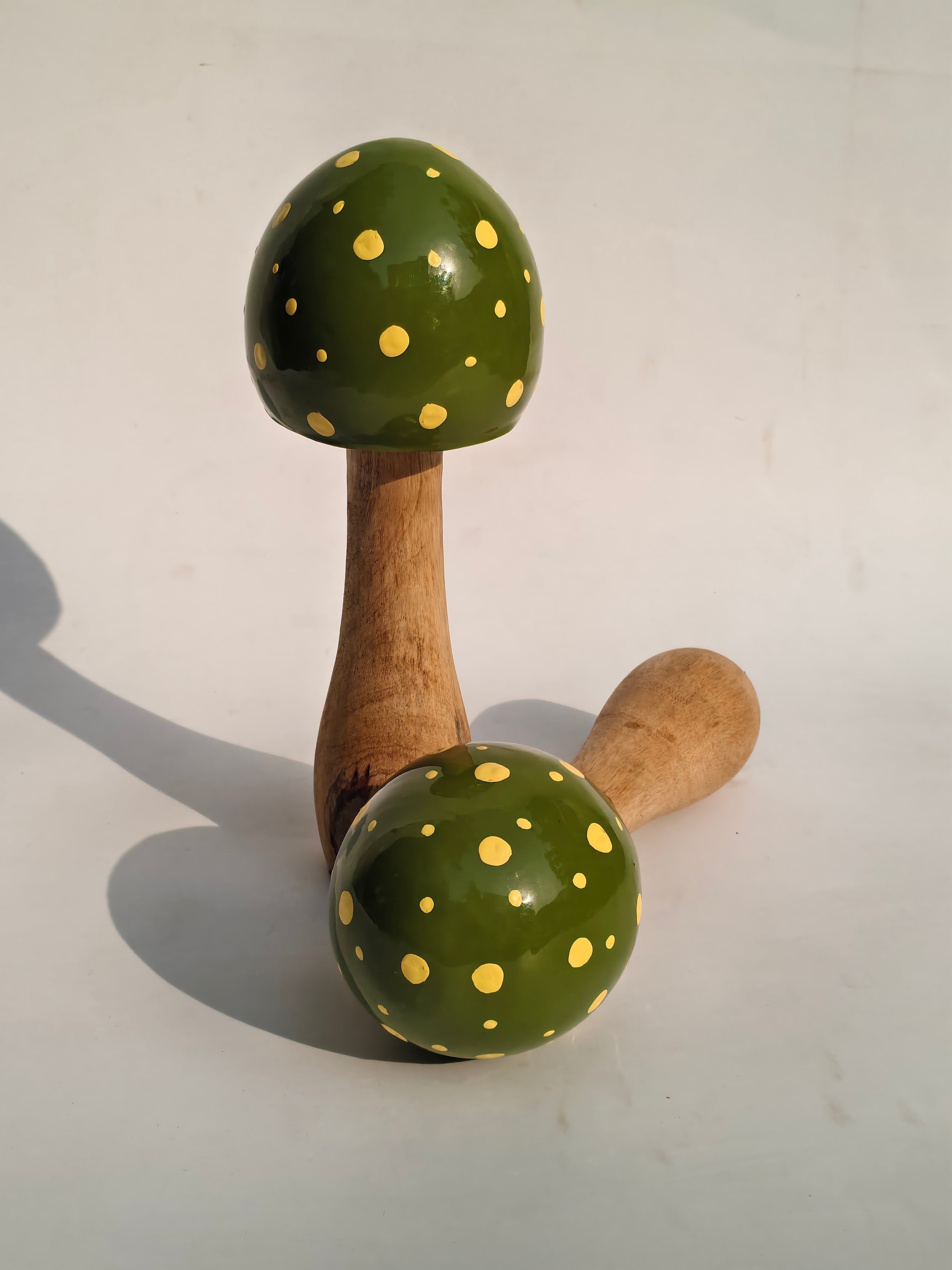 Handcrafted Wooden Mushroom Décor Object – Olive Green with Gold Speckles